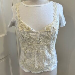 Anthropologie Vanessa Virginia Boho Cotton White Tee w/ Crochet Overlay Size XS